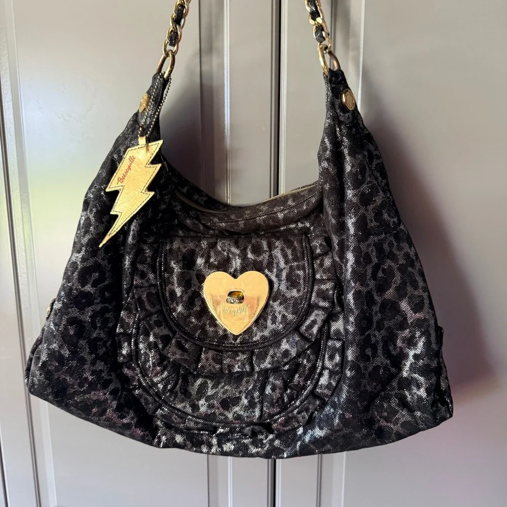 Betseyville Y2K Punk Iridescent Black Metallic Leopard Gold Heart Hobo Bag,Large